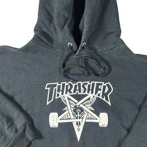 Vintage Thrasher Hoodie Mens Small Black Skateboard Magazine Pentagram Y2K